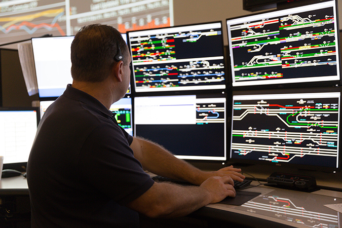 A BNSF dispatcher works in the Network Operations Center (NOC) in Fort Worth, Texas. 